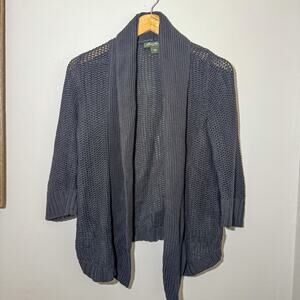 Eddie Bauer Charcoal Grey 100% Cotton Crochet Open Front Knit Cardigan Small